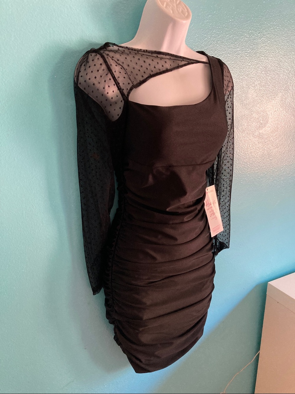 VINTAGE Deadstock NWT Atria Black Ruched Mesh Illusion Bodycon Prom Mini Dress M